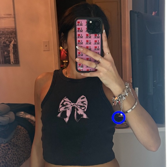 Tops - Black Tank Top with Pink Bow Design